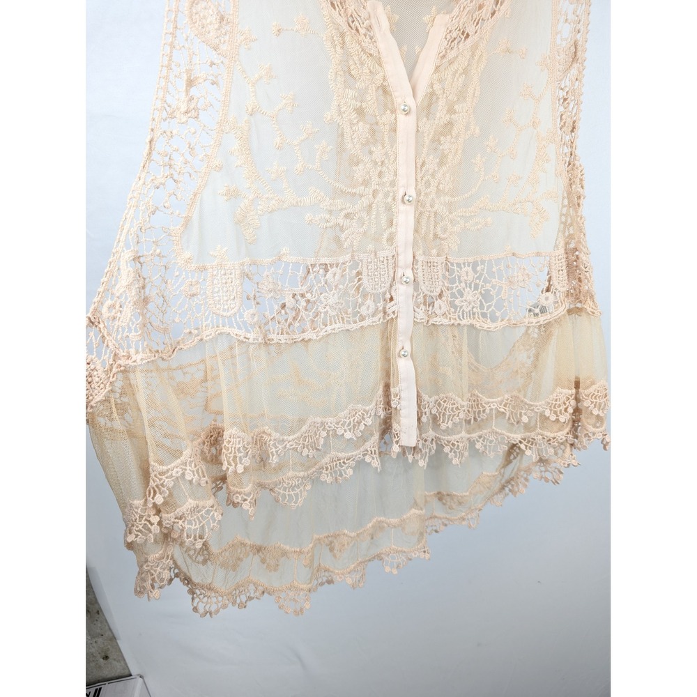 Vintage Y2K Floral Fairy Lace Button Tank Sheer Mesh Layer Boho Indie Romantic - Picture 4 of 9